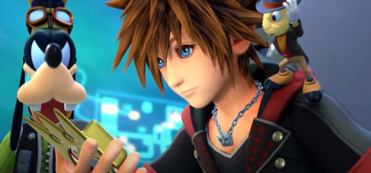 KH3 Sora, Jiminy and Goofy looking at Gummiphone