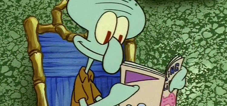 Squidward smiling while reading