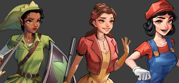 Tiana as Link, Belle as Aerith, Snow White as Mario (FandomSpot artwork)